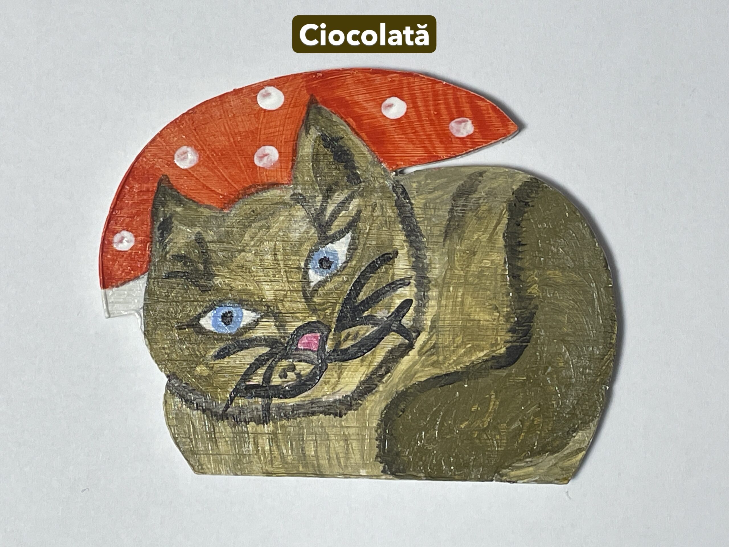 Figurină lemn cu magnet “Pisoi moș Crăciun” - ciocolată